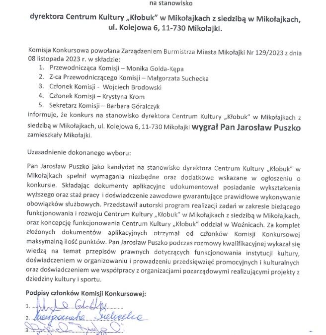 Rozstrzygnięto konkurs na stanowisko dyrektora Centrum Kultury “KŁOBUK” w Mikołajkach